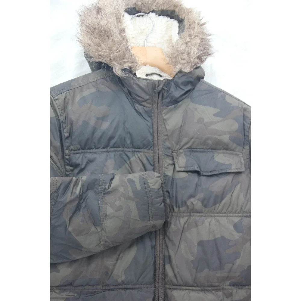Old Navy Childrens Fur Trimmed Hooded Puffer Jacket L 10-12 Green Camo Boys Coat